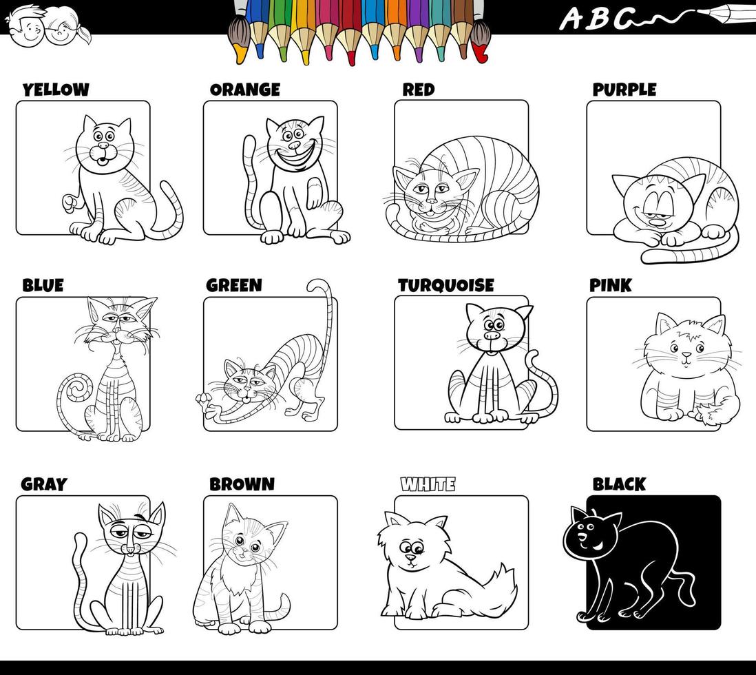 de base couleurs avec chats personnages ensemble coloration page vecteur