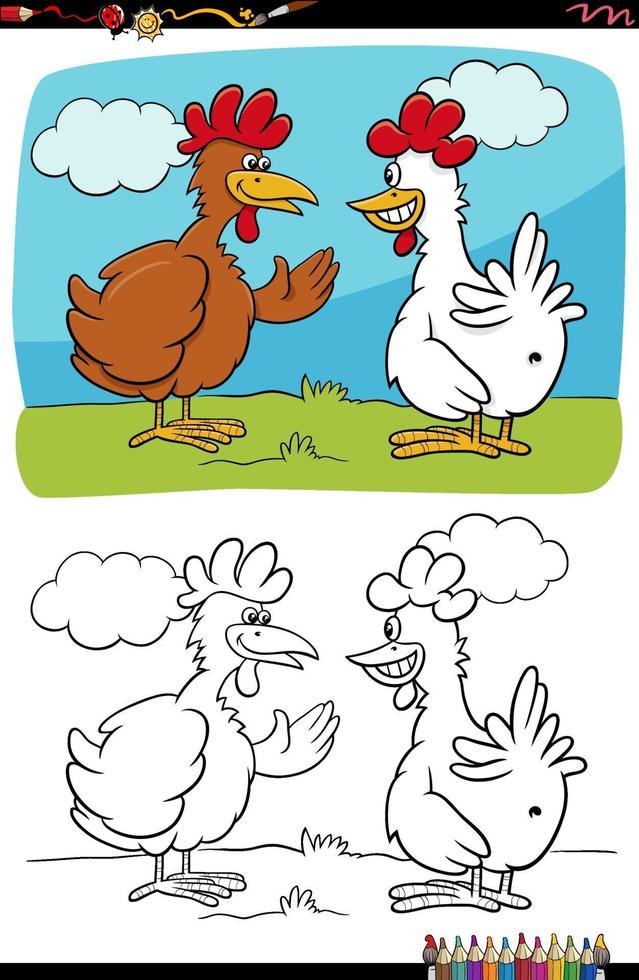 dessin animé drôle poulets parler page de livre de coloriage vecteur