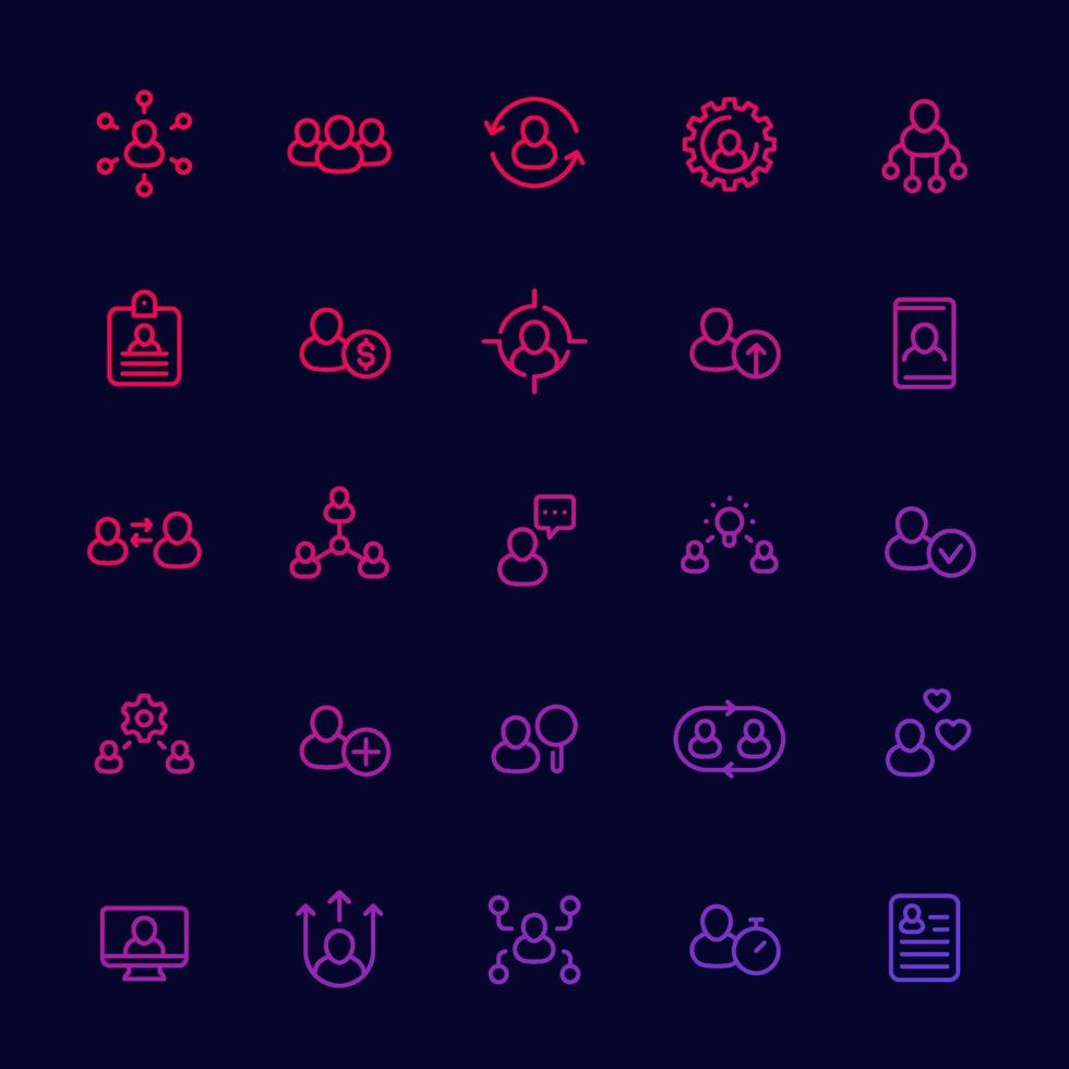 gestion des ressources humaines et du personnel, ensemble d'icônes linéaires RH, interaction du personnel et embauche.eps vecteur