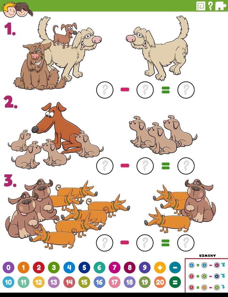 tâche éducative de soustraction mathématique avec des chiens de dessin animé vecteur
