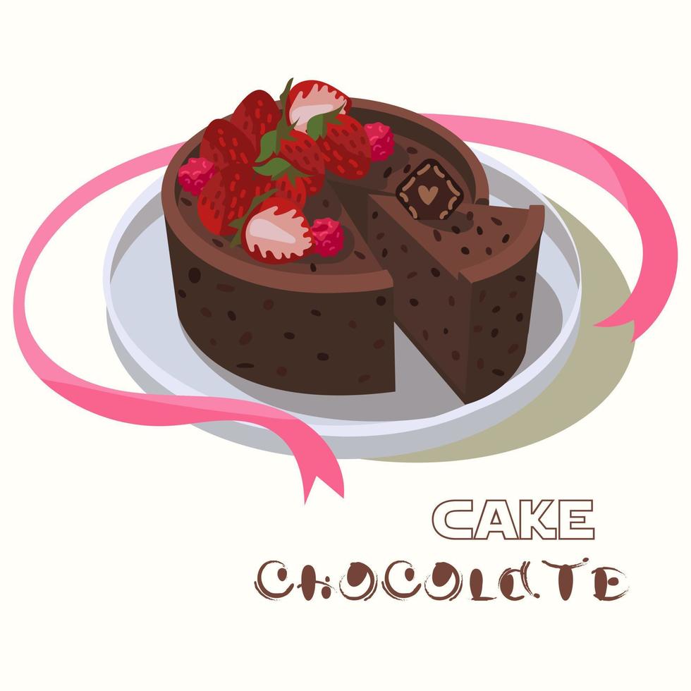 doux, délicieux mini tarte. dessiné à la main vecteur illustration dans dessin animé style. Chocolat cheesecake, une pièce de gâteau doublé avec des fraises, ruban. pour salutation cartes, restaurant et boulangerie menus.