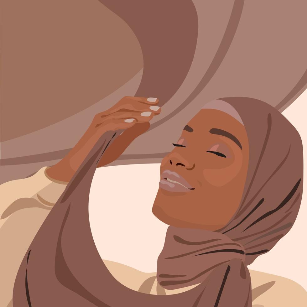 hijab journée. musulman femme dans hijab. un arabe femme. content hijab journée. vecteur illustration de une fille dans une foulard. bannière, prospectus, imprimé des produits