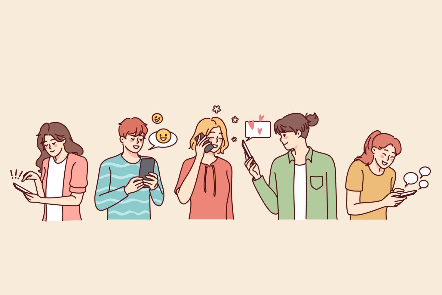 diverse gens en utilisant moderne mobile Téléphone (s bavardage et envoyer des SMS en ligne. Hommes et femmes avec les smartphones Messagerie sur l'Internet ou social médias. vecteur illustration.