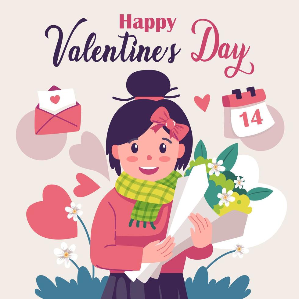 la Saint-Valentin journée conception de une content fille en portant une bouquet de fleurs. content anniversaire Contexte. vecteur