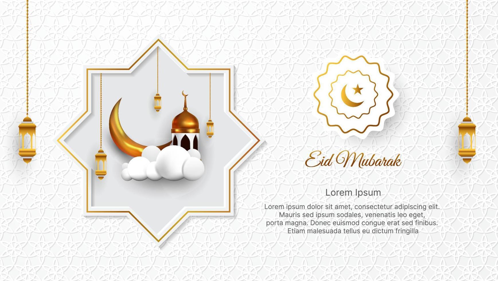 luxe eid mubarak Contexte dans blanc et or Couleur avec 3d islamique décoration. vecteur illustration