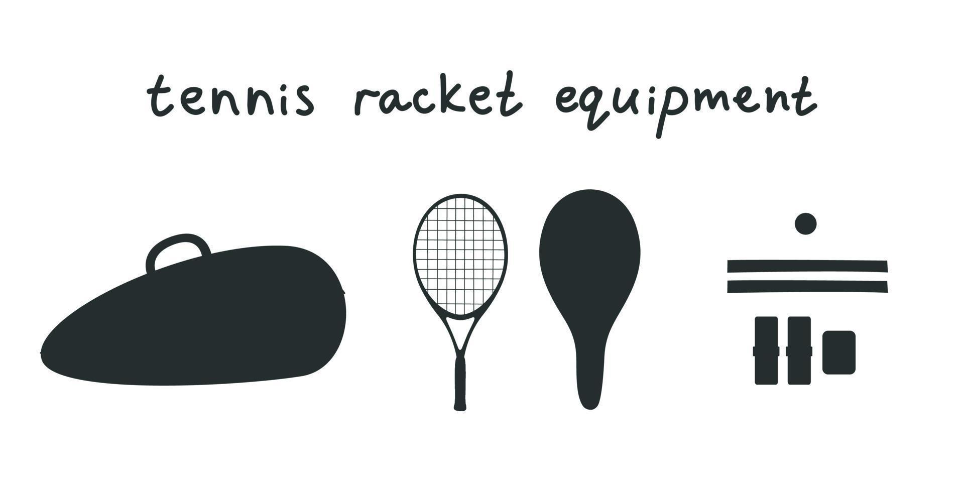 plat vecteur silhouette illustration. main tiré tennis équipement, raquette, sac, poignée, protection