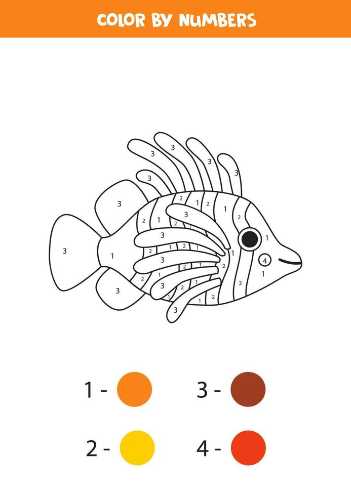 Couleur mignonne dessin animé poisson-lion par Nombres. feuille de travail pour enfants. vecteur