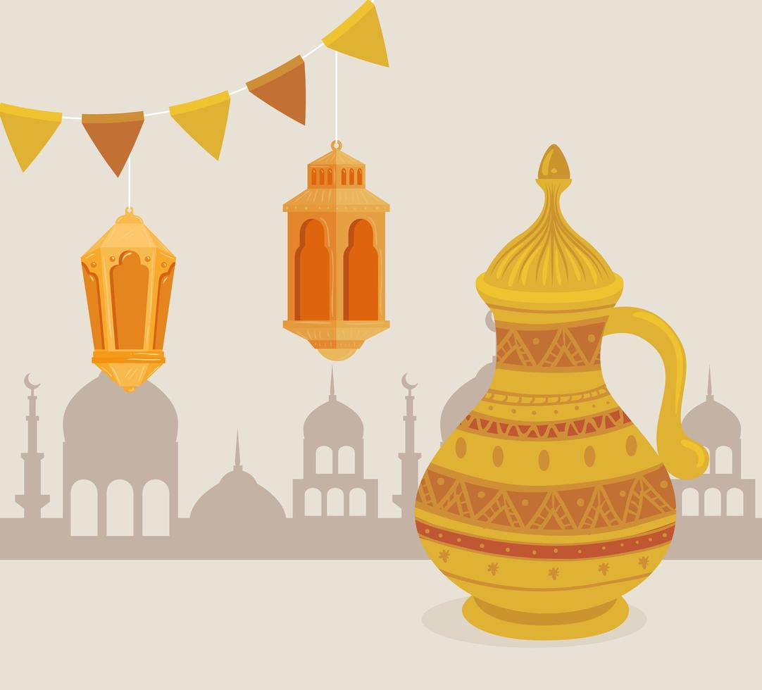 carte de célébration eid al adha avec pot doré et lampes suspendues vecteur