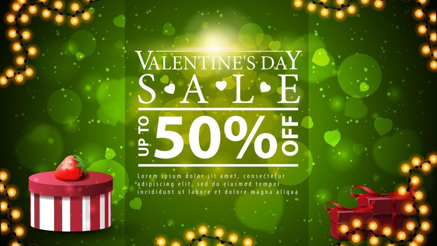 vente de la Saint-Valentin, jusqu'à 50 de réduction, bannière de réduction verte avec cadre de guirlande, cadeaux et arrière-plan flou vecteur