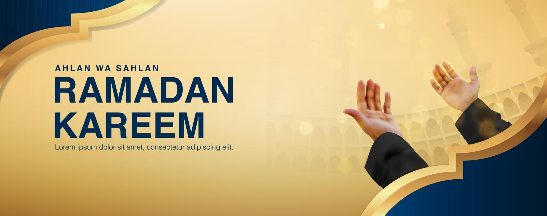 fond de vecteur ramadan kareem avec homme priant en levant les deux mains, conception réaliste 3d