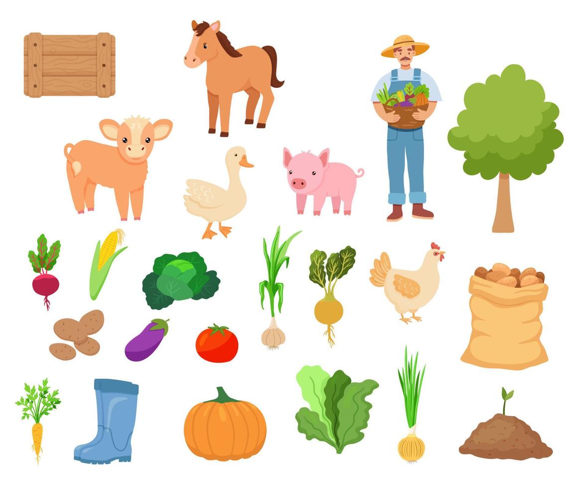 gros ensemble de vecteur plat dessin animé des illustrations isolé sur blanche. légumes, animaux et mignonne agriculteur animaux.