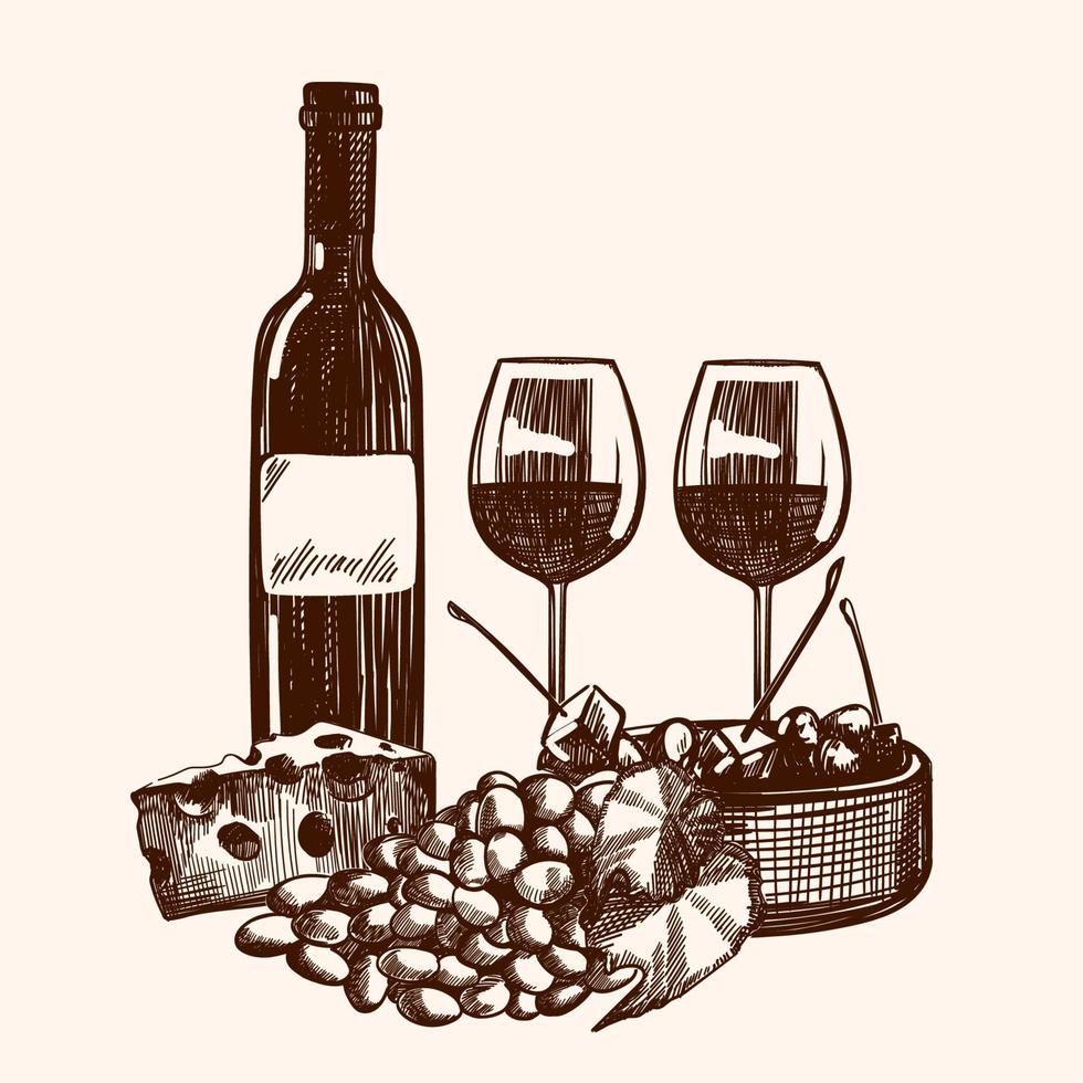 main tiré illustration avec raisins, deux lunettes, tête de fromage et bouteille de du vin dans esquisser style. vecteur