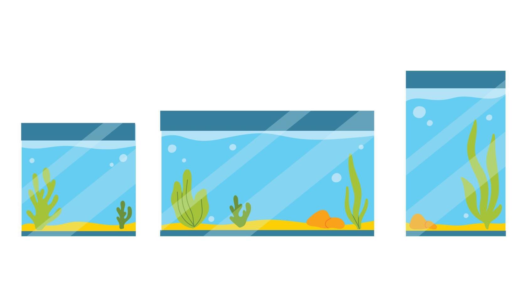 ensemble de rectangulaire aquariums. collection de aquariums avec algues dans plat style. vecteur illustration. vide isolé aquarium dans dessin animé style.