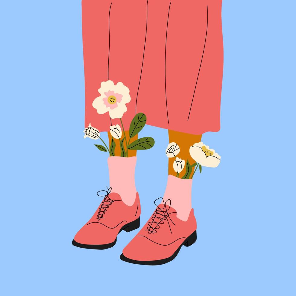 femelle jambes dans le bottes. cool chaussure avec fleurs. haute chaussettes . main tiré vecteur coloré branché mode illustration. plat conception