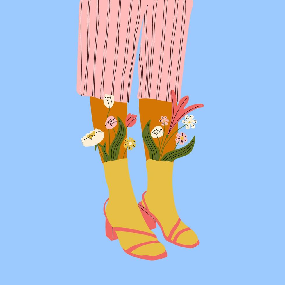 femelle jambes dans le des sandales. cool chaussure avec fleurs. haute chaussettes . main tiré vecteur coloré branché mode illustration. plat conception