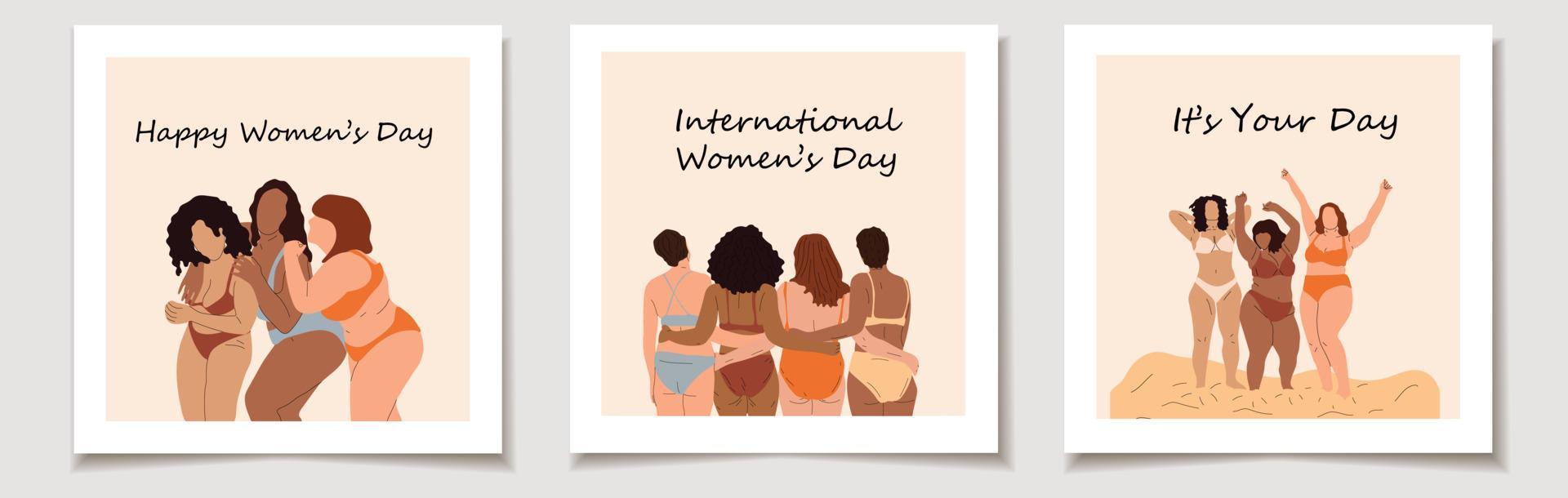 international aux femmes journée. une ensemble de salutation cartes avec corps, différent et la diversité avec sous-vêtement, femmes avec aptitude et beauté, égalité et inclusivité avec corps positif et autonomisation. vecteur