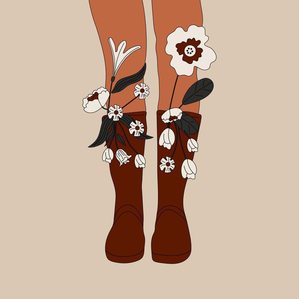 femelle jambes dans le caoutchouc bottes. cool chaussure avec fleurs. haute chaussettes . main tiré vecteur coloré branché mode illustration. plat conception