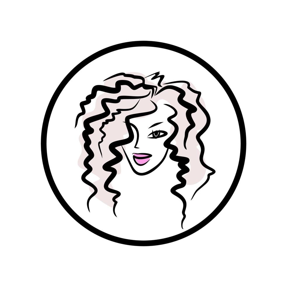 coiffure logo. frisé cheveux couper. beauté salon visage icône. charmant Dame portrait - vecteur illustration dans une cercle.