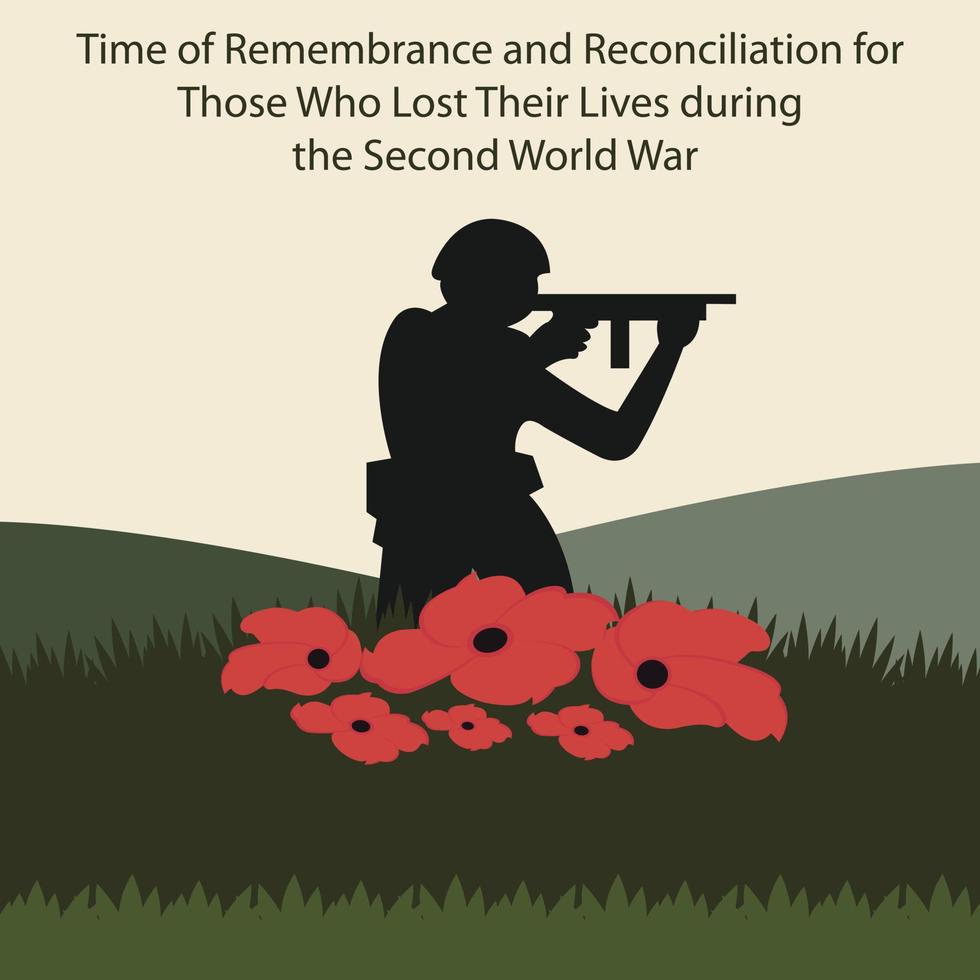 illustration vecteur graphique de silhouettes de soldats en portant pistolets derrière des roses, parfait pour international jour, souvenir réconciliation, ceux qui perdu, leur vies pendant, seconde monde guerre.