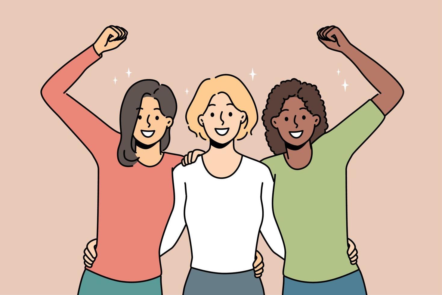 fou de joie multiracial femmes étreinte montrant unité et solidarité. souriant diverse interracial les filles embrasse ressentir uni et optimiste ensemble. vecteur illustration.