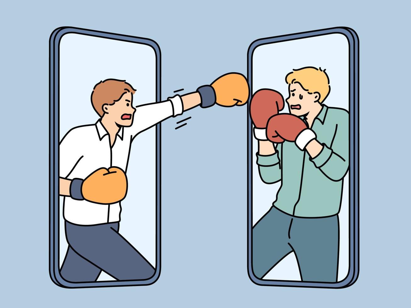 en colère les hommes d'affaires sur téléphones portables écran lutte. furieux Masculin rivaux sur les smartphones affiche avoir argument ou conflit. en ligne rivalité et concours. vecteur illustration.