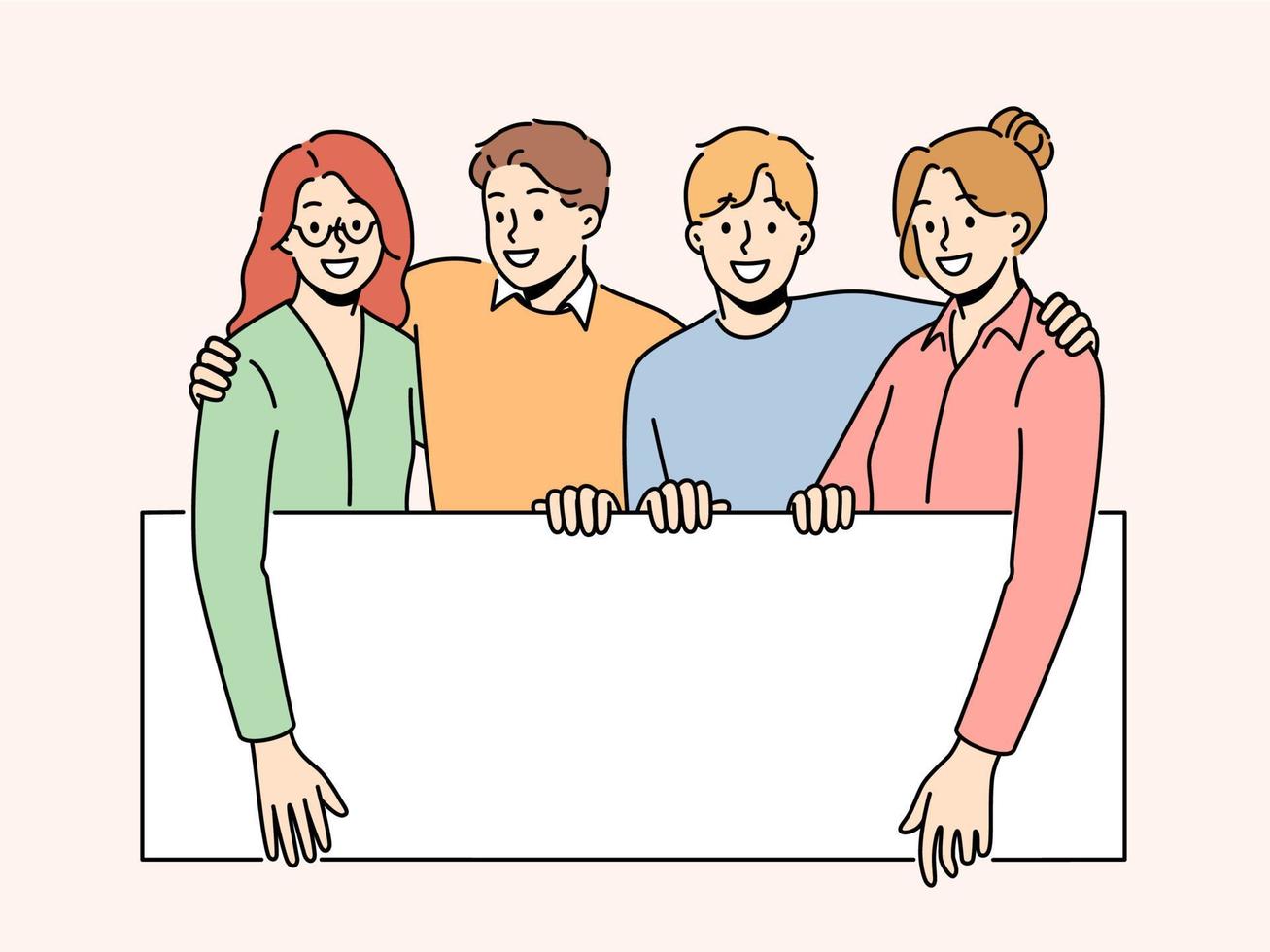 souriant gens en portant maquette affiche montrant bien traiter ou offre. content Hommes et femmes avec blanc vide affiche avec copie espace. vecteur illustration.