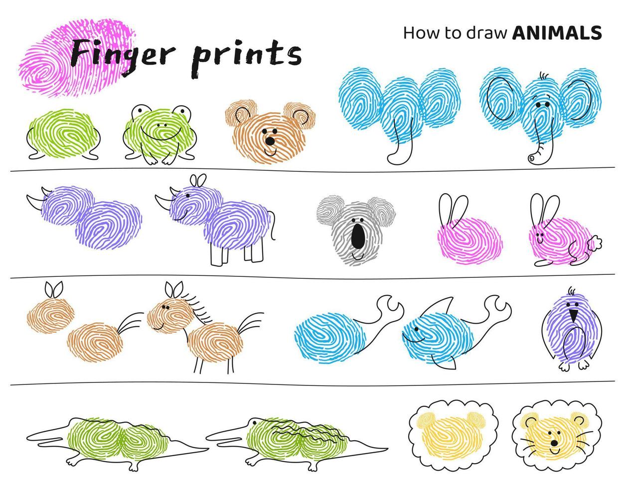 empreintes digitales art. tâches éducatives pour les enfants comment fabriquer différents animaux. illustration vectorielle. éléments isolés. vecteur