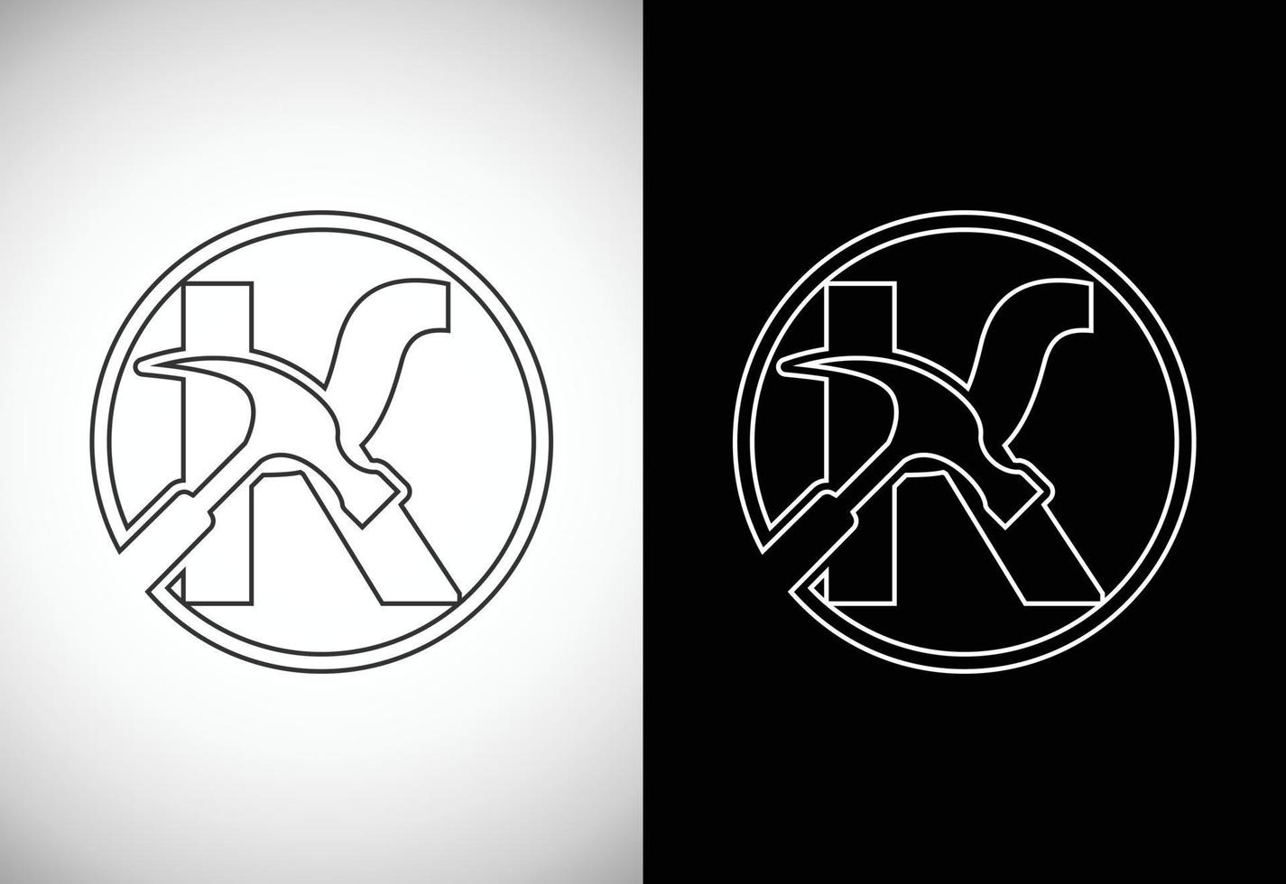 initiale k lettre alphabet avec une marteau. réparation, rénovation, et construction logo. ligne art style logo vecteur