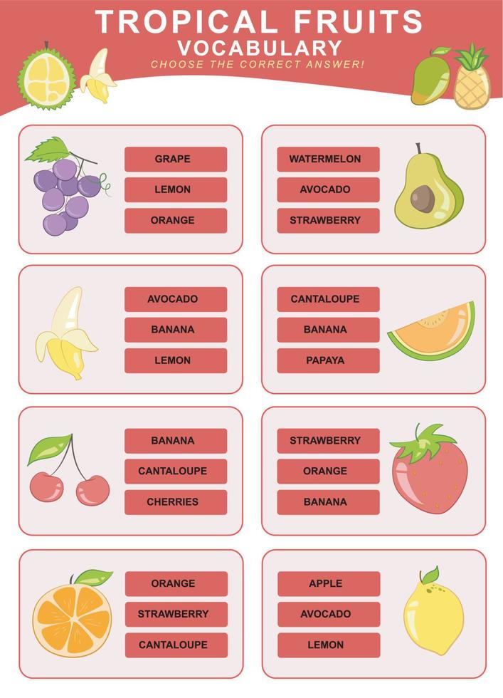 choisir le correct répondre. tropical des fruits vocabulaire. feuille de travail pour préscolaire. mots tester éducatif Jeu pour les enfants. vecteur déposer.