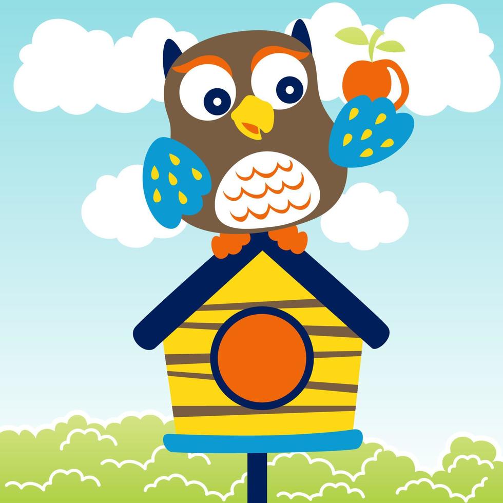 mignonne hibou avec une fruit sur le cage, vecteur dessin animé illustration