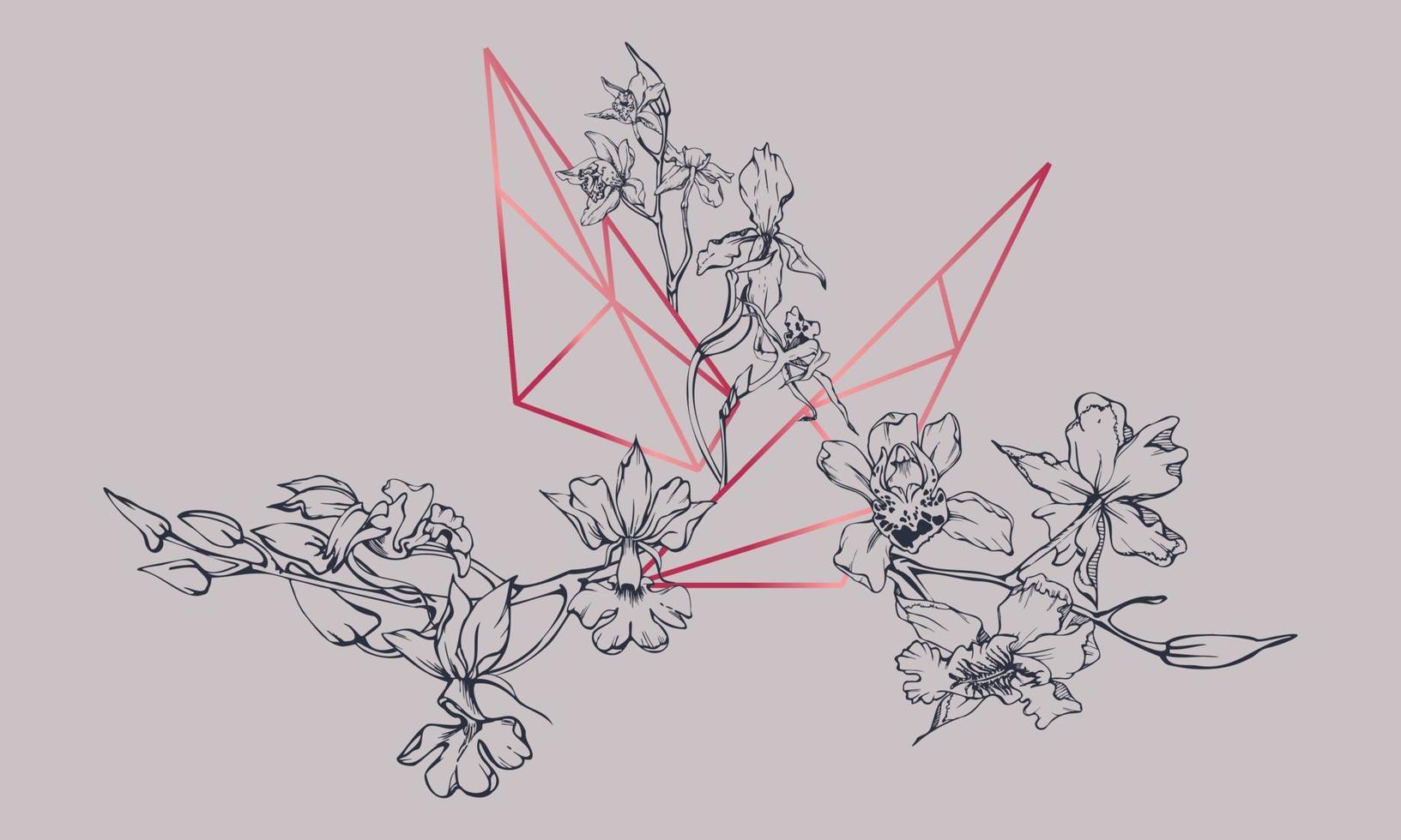 main tiré vecteur encre orchidée fleurs et branches, monochrome, détaillé contour. composition avec cristal former. viva magenta couleur. conception pour mur art, mariage, imprimer, tatouage, couverture, carte.