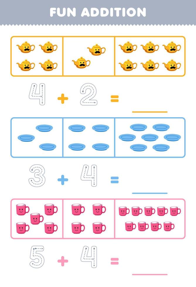 éducation Jeu pour les enfants amusement une addition par compte et tracé le nombre de mignonne dessin animé théière assiette agresser imprimable outil feuille de travail vecteur