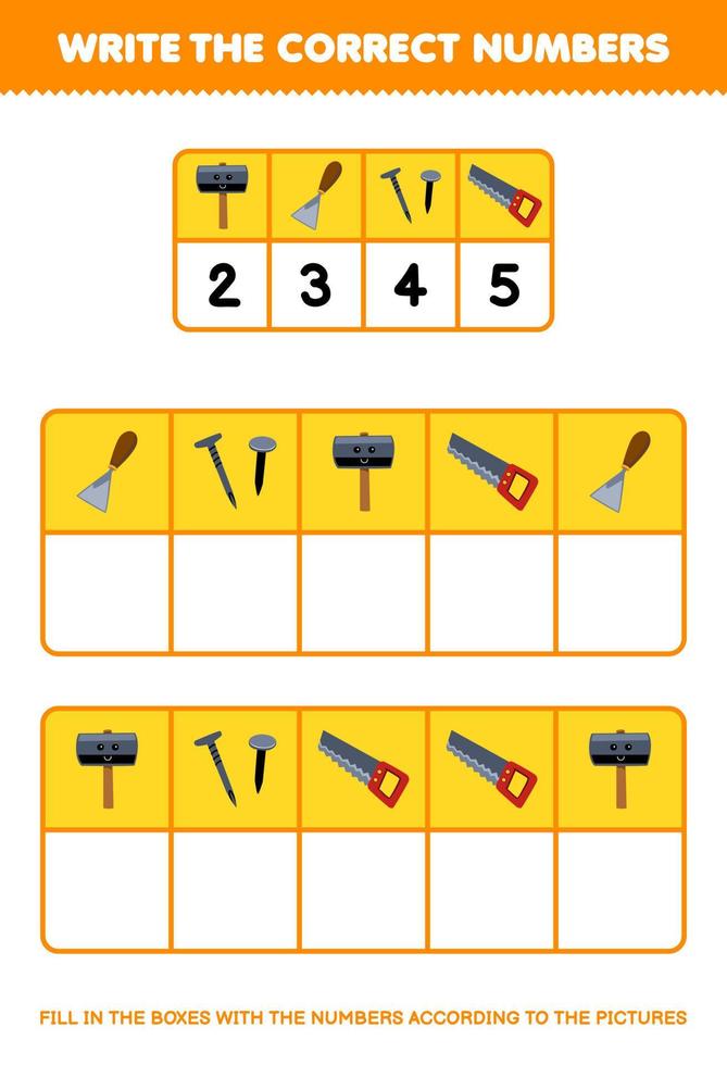 éducation Jeu pour les enfants écrire le droite Nombres dans le boîte selon à le mignonne marteau ciseau clou vu des photos sur le table imprimable outil feuille de travail vecteur