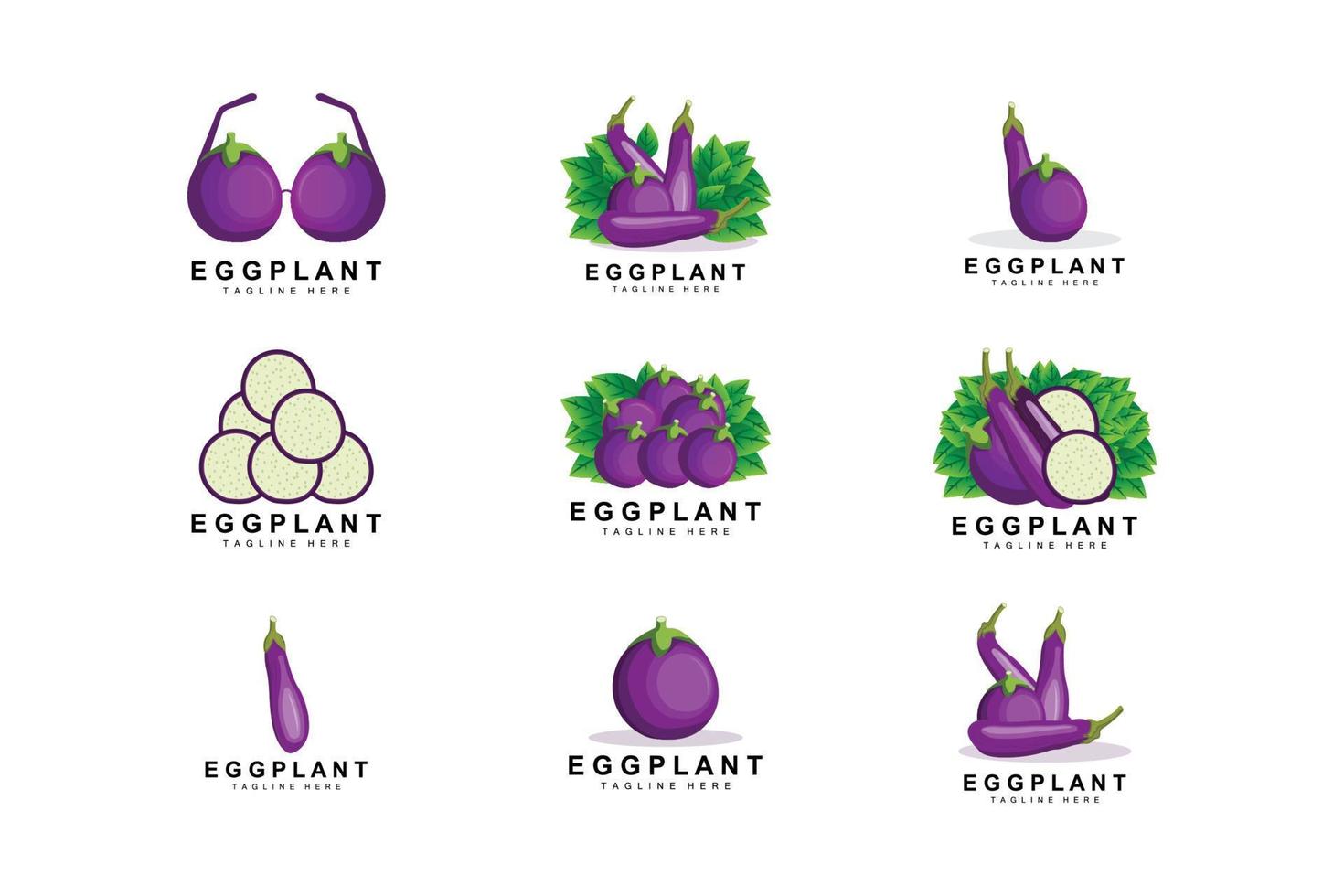 création de logo d'aubergine, illustration de légumes vecteur de plantation de légumes violets, modèle d'icône de marque de produit