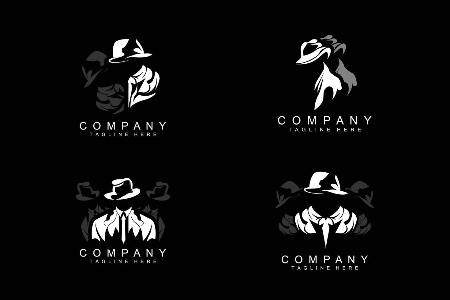 création de logo d'homme détective, smoking de mode détective mafieux et vecteur d'illustration de chapeau, icône d'homme d'affaires noir