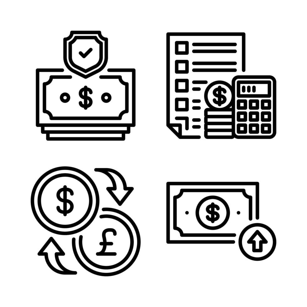 devise Icônes ensemble. argent bouclier, budget, argent échange, dollar augmenter. parfait pour site Internet mobile application, app Icônes, présentation, illustration et tout autre projets vecteur