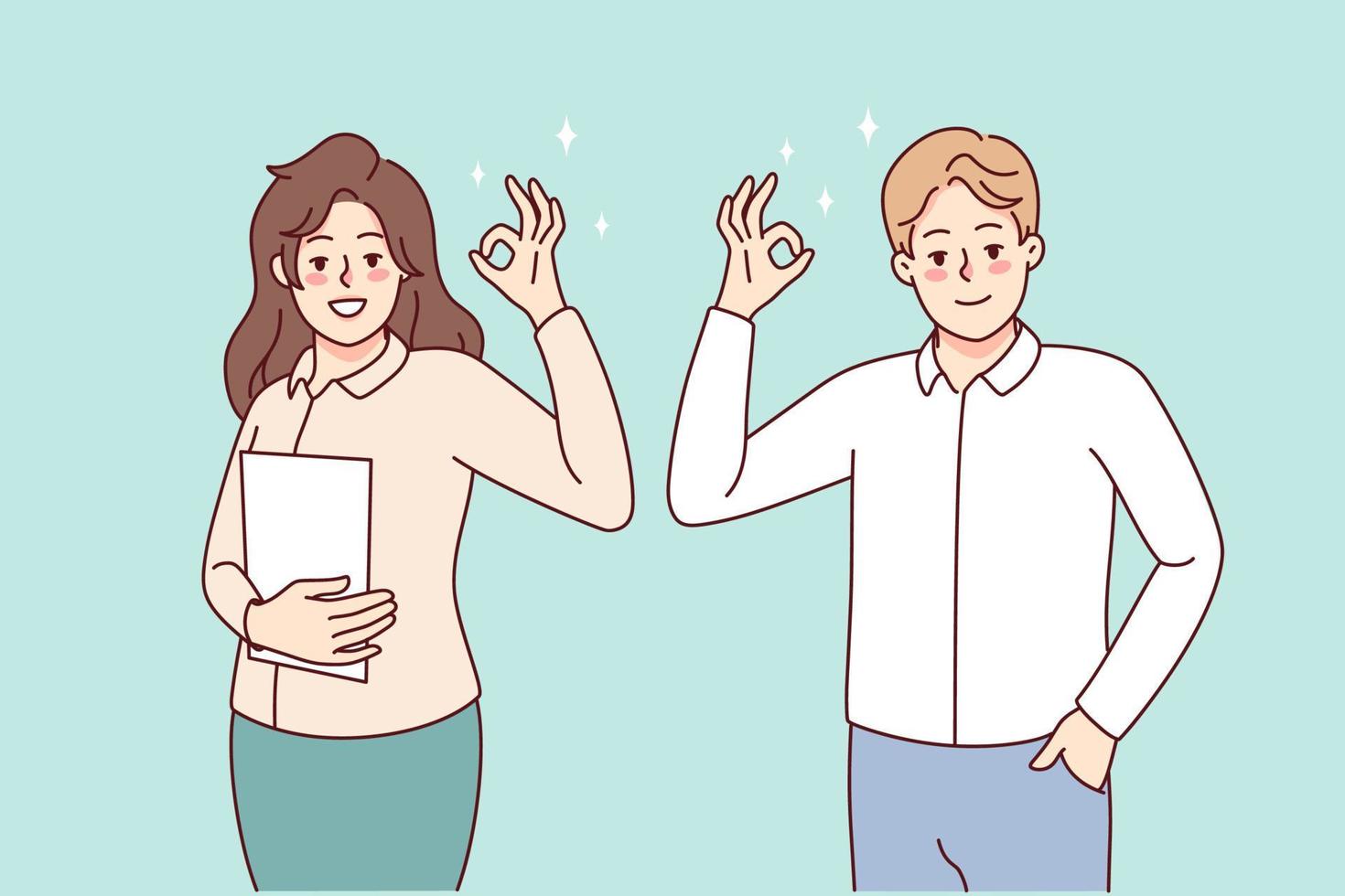 souriant gens montrant D'accord signe avec mains. content homme et femme démontrer approbation geste, dire tout droite. vecteur illustration.
