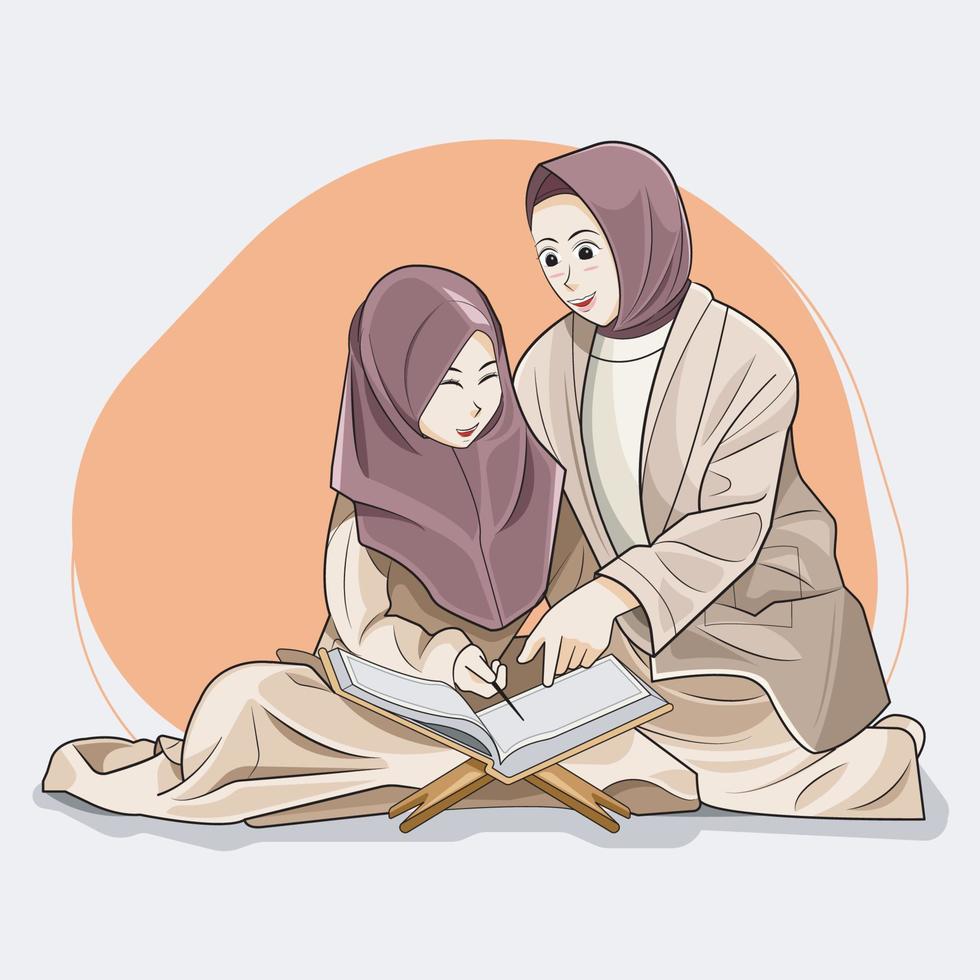 une fille apprend le Al Quran avec sa mère dans de rechange temps vecteur illustration pro Télécharger