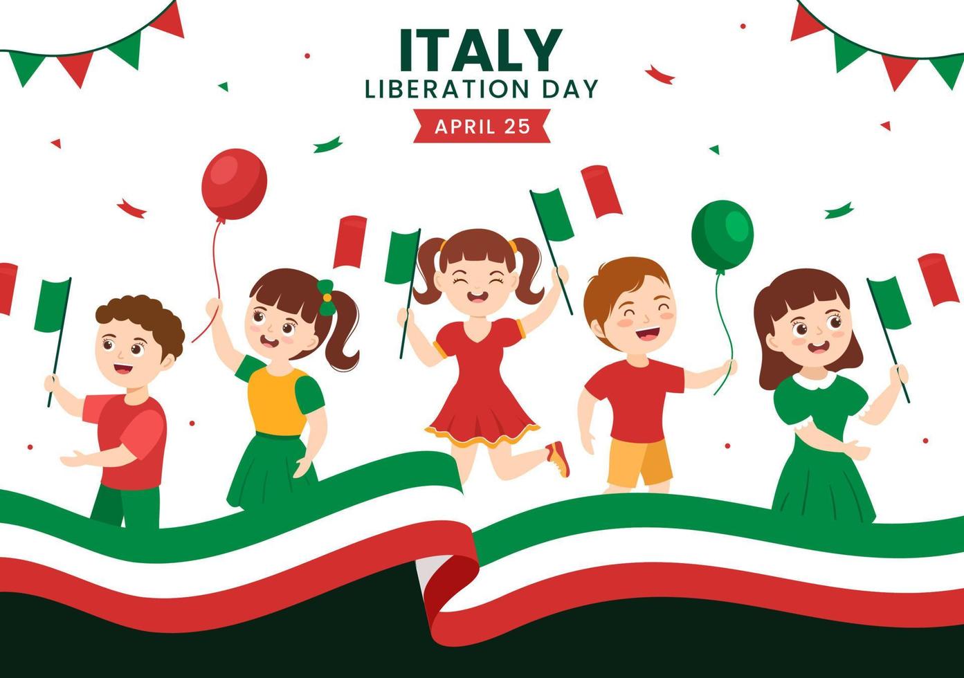 Italie libération journée illustration avec enfants, vacances célébrer sur avril 25 et vague drapeau italien dans plat dessin animé main tiré pour atterrissage page modèles vecteur