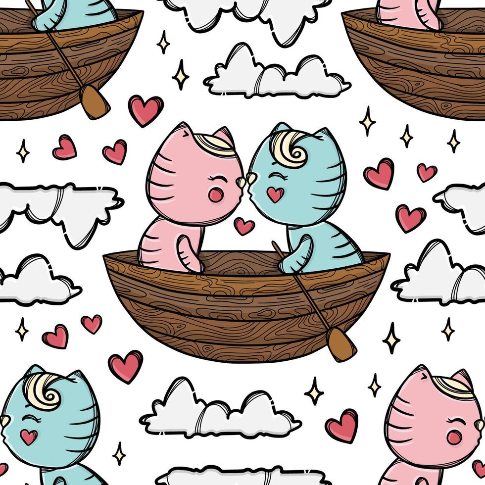 chat baiser dans bateau dessin animé sans couture modèle vecteur illustration