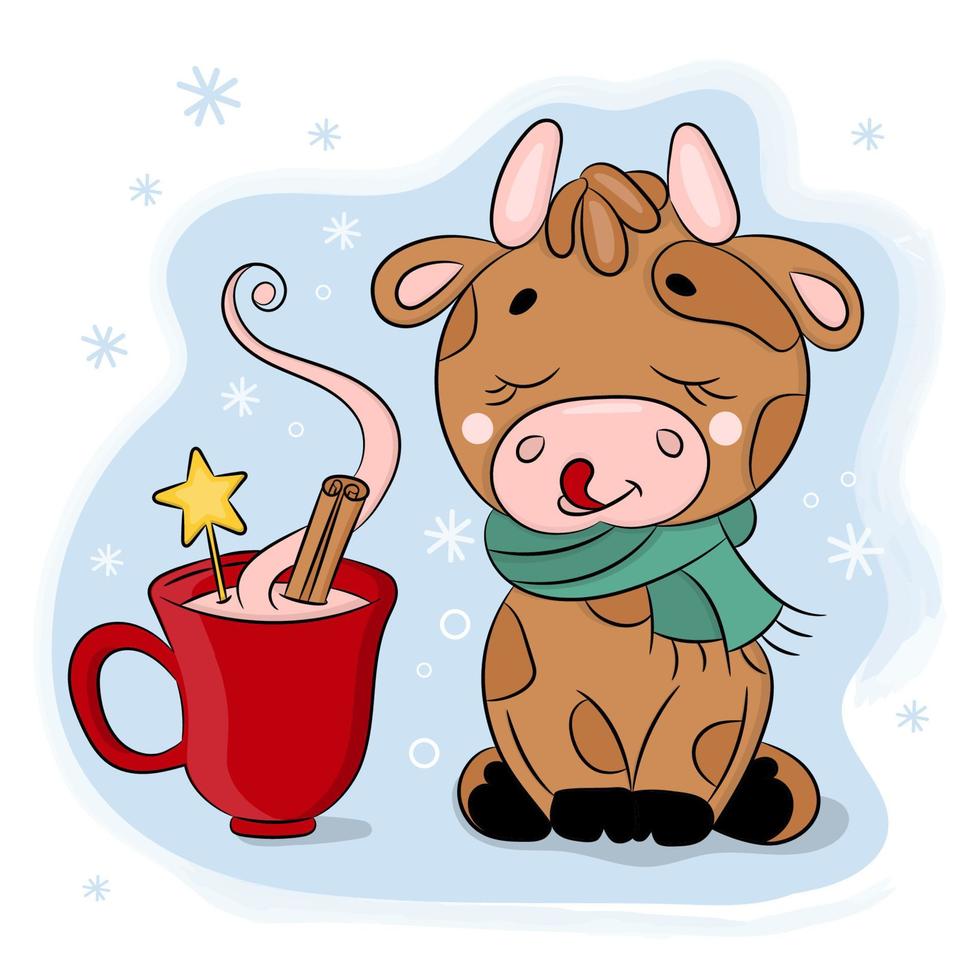 mignonne dessin animé taureau avec tasse de Chocolat animal vecteur ensemble