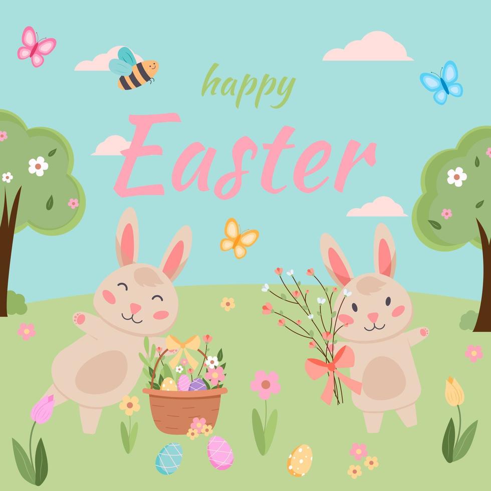 Pâques printemps vecteur avec mignonne lapins, œufs, des oiseaux, les abeilles, papillons. main tiré plat dessin animé éléments.
