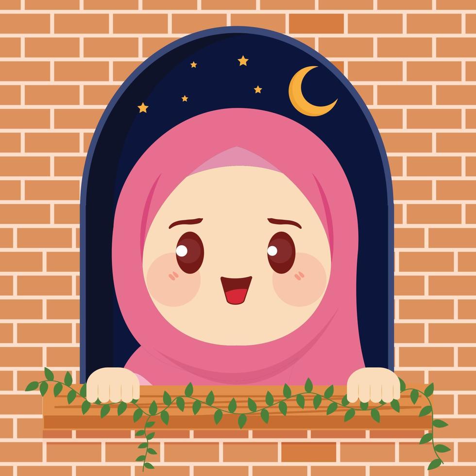 mignonne musulman dessin animé dans de face de le fenêtre est profiter le nuit de Ramadan avec une magnifique et cool atmosphère plat vecteur illustration