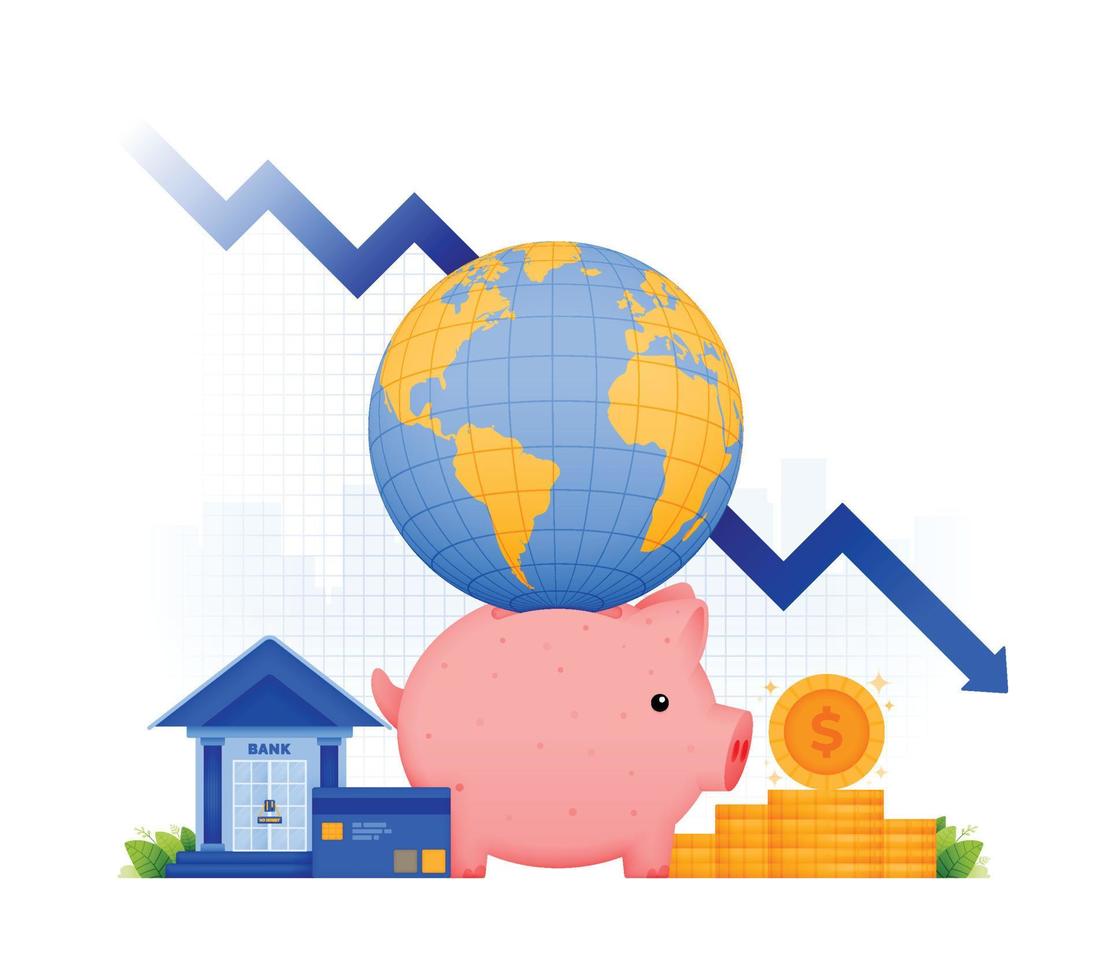 illustration conception de économique crise récession dans financier bancaire système. investissement économie porcin banque avec globe et déclin graphique. pouvez être utilisé pour site Internet, publicité, affiche, brochure, prospectus vecteur