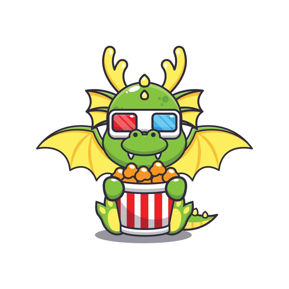 mignonne dragon en mangeant pop corn et regarder 3d film dessin animé vecteur illustration. vecteur dessin animé illustration adapté pour affiche, brochure, la toile, mascotte, autocollant, logo et icône.