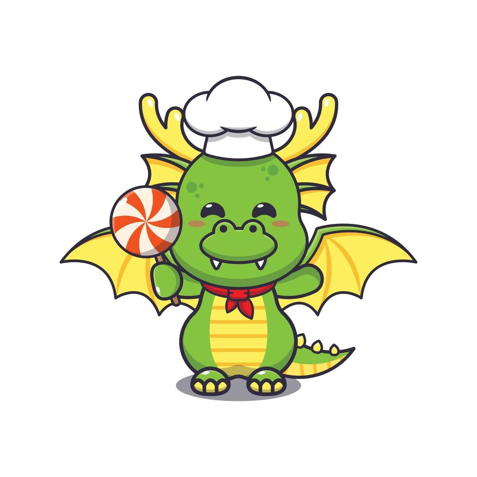 mignonne chef dragon mascotte dessin animé personnage en portant bonbons. vecteur