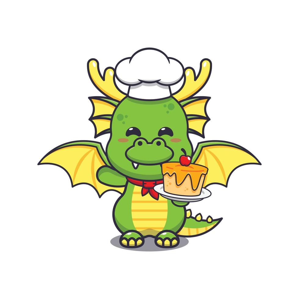 mignonne chef dragon mascotte dessin animé personnage avec gâteau. vecteur