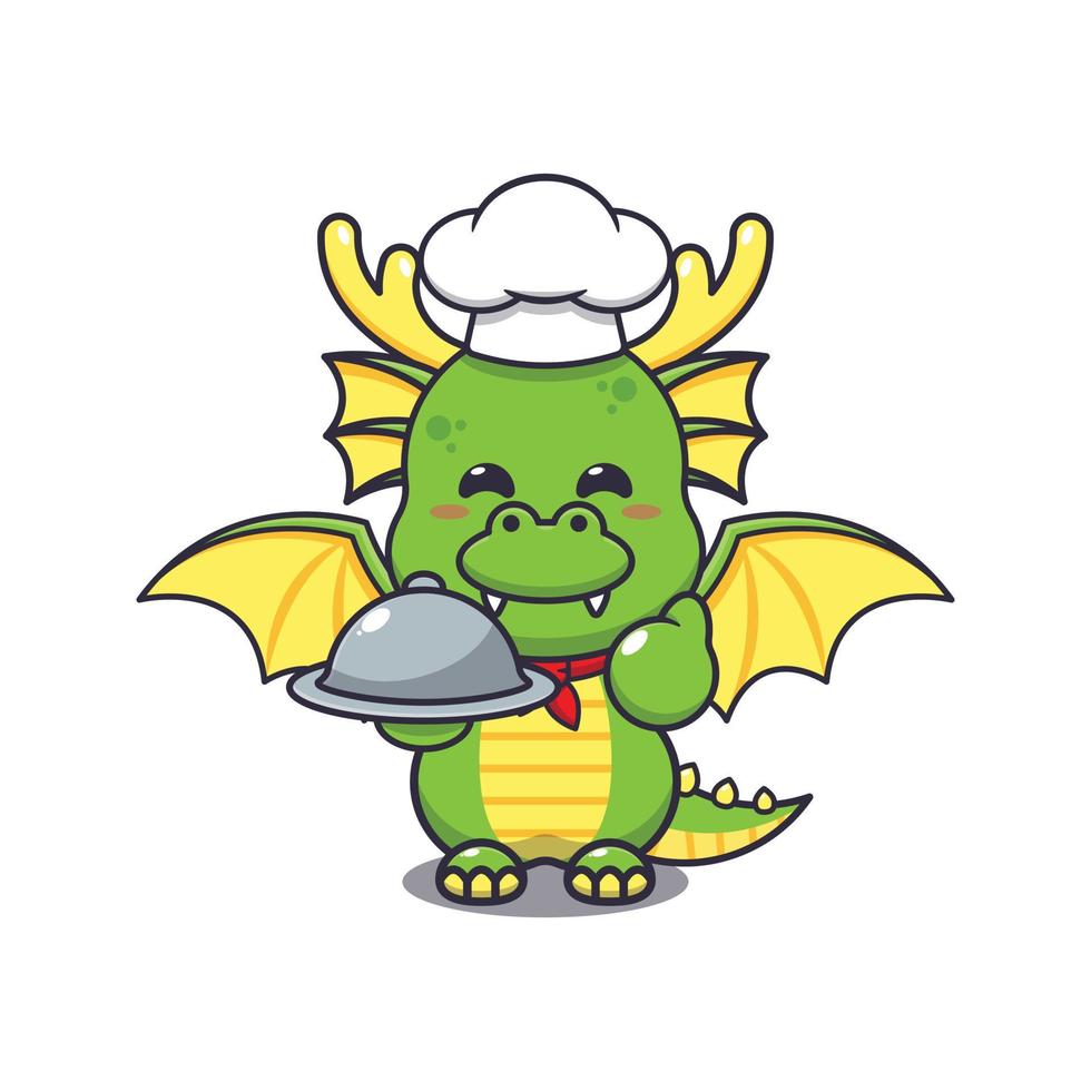 mignonne chef dragon mascotte dessin animé personnage avec plat. vecteur