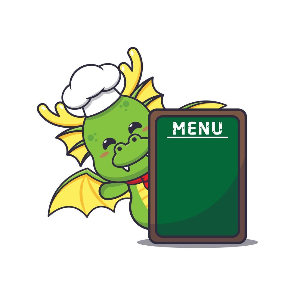 mignonne chef dragon mascotte dessin animé personnage avec menu planche. vecteur