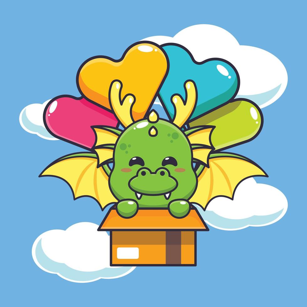 mignonne dragon mascotte dessin animé personnage mouche avec ballon. vecteur